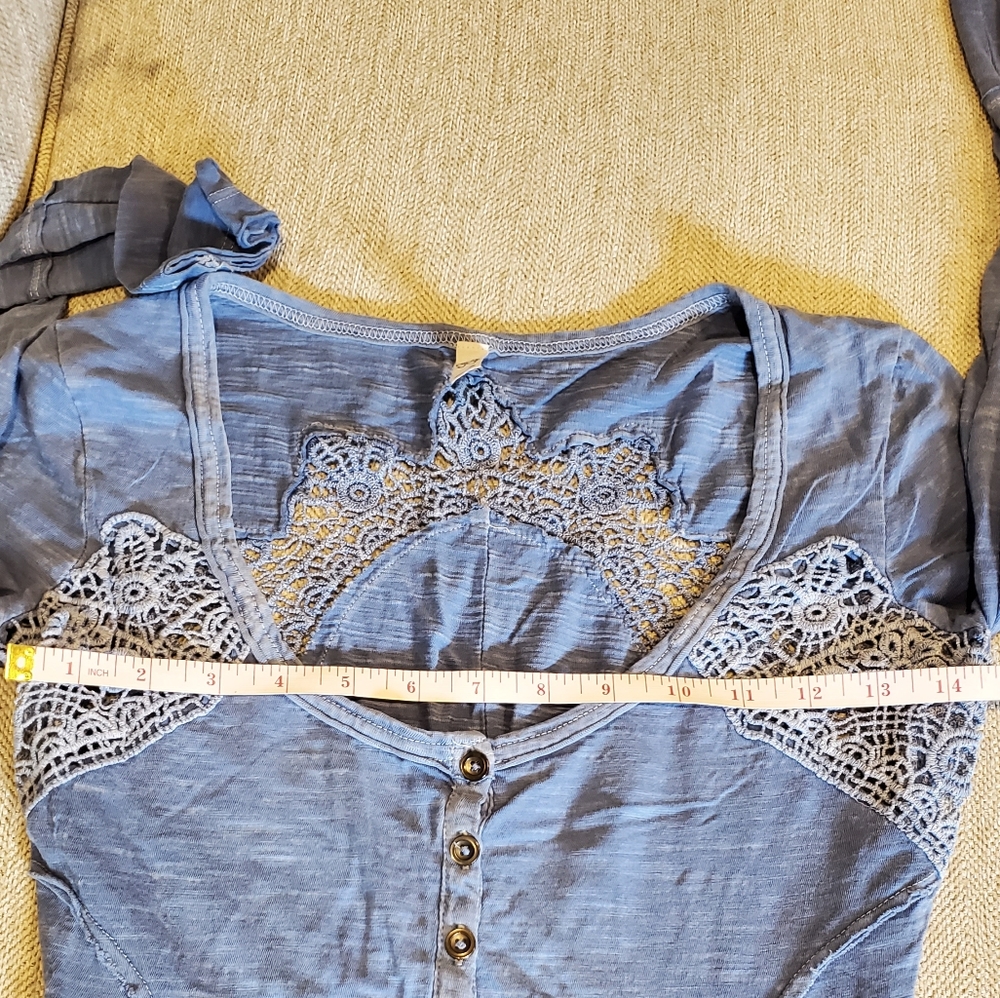 Free People Sky Blue Lace-Shoulder Henley Long Sleeve Top - Picture 9 of 10